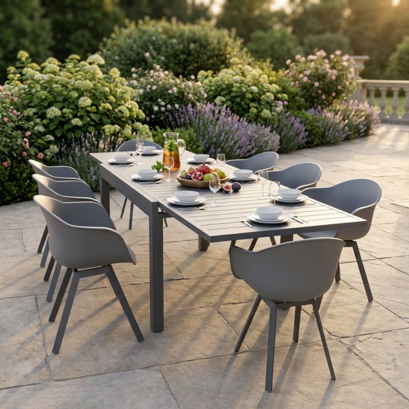 JERRI - set tavolo in alluminio cm 135/270 x 90 x 75 h con 8 poltrone Jessie