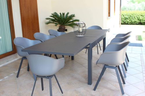 JERRI - set tavolo in alluminio cm 135/270 x 90 x 75 h con 8 poltrone Jessie