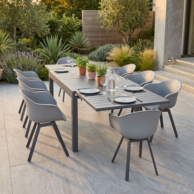 JERRI - set tavolo in alluminio cm 135/270 x 90 x 75 h con 8 poltrone Jessie