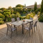 JERRI - set tavolo in alluminio cm 135/270 x 90 x 75 h con 6 poltrone Lotus