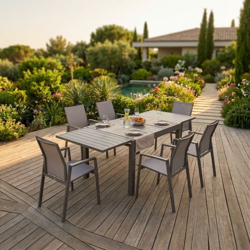 JERRI - set tavolo in alluminio cm 135/270 x 90 x 75 h con 6 poltrone Lotus