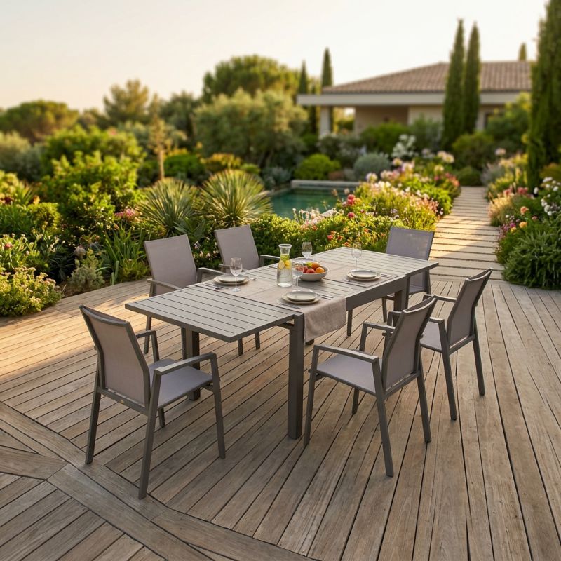 JERRI - set tavolo in alluminio cm 135/270 x 90 x 75 h con 6 poltrone Lotus