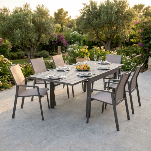 JERRI - set tavolo in alluminio cm 135/270 x 90 x 75 h con 6 poltrone Lotus