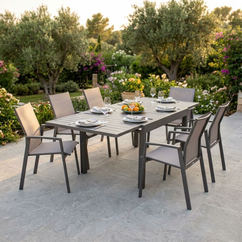 JERRI - set tavolo in alluminio cm 135/270 x 90 x 75 h con 6 poltrone Lotus