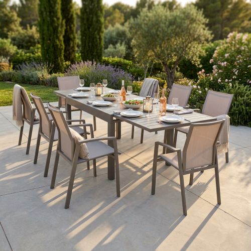 JERRI - set tavolo in alluminio cm 135/270 x 90 x 75 h con 8 poltrone Lotus