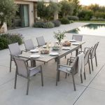 JERRI - set tavolo in alluminio cm 135/270 x 90 x 75 h con 8 poltrone Lotus