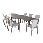 JERRI - set tavolo in alluminio cm 135/270 x 90 x 75 h con 8 poltrone Lotus