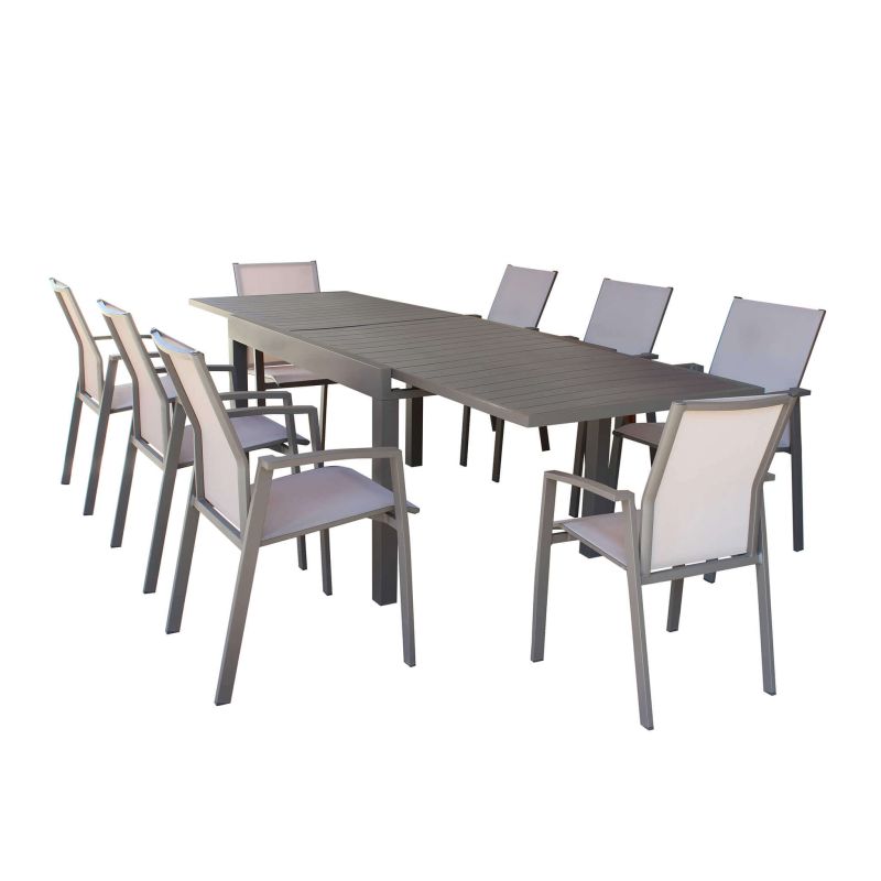 JERRI - set tavolo in alluminio cm 135/270 x 90 x 75 h con 8 poltrone Lotus