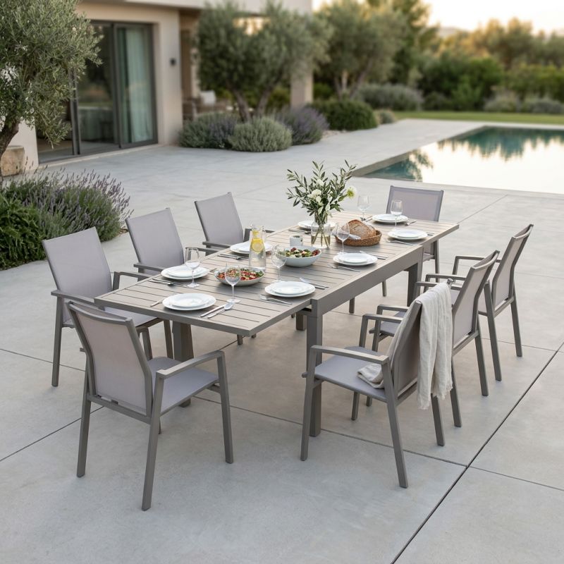 JERRI - set tavolo in alluminio cm 135/270 x 90 x 75 h con 8 poltrone Lotus