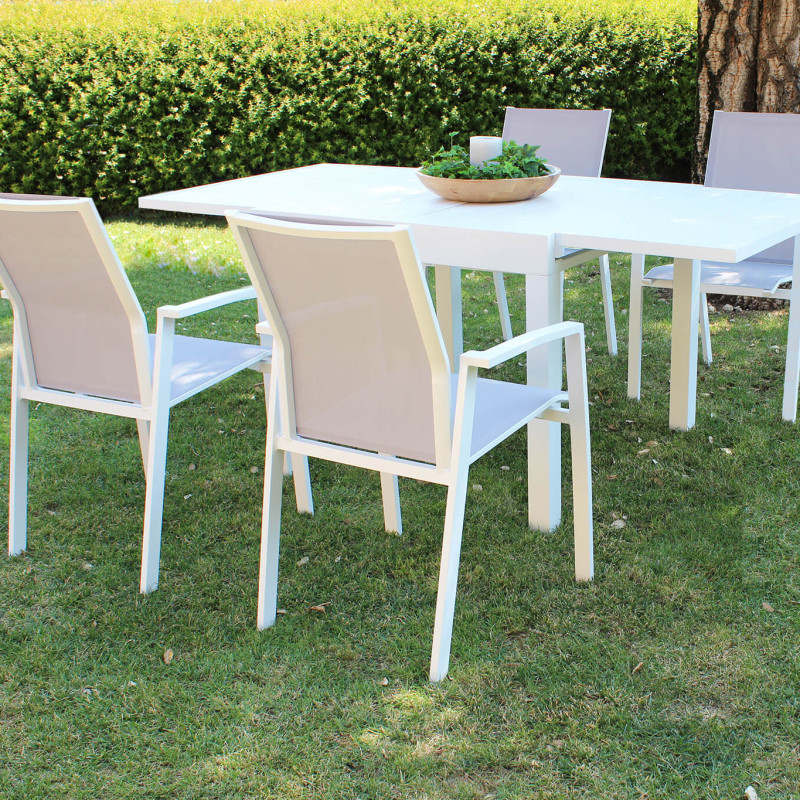 JERRI - set tavolo in alluminio cm 90/180 x 90 x 75 h con 4 poltrone Lotus