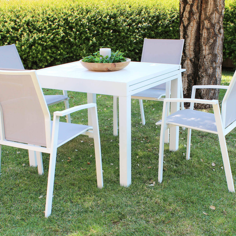 JERRI - set tavolo in alluminio cm 90/180 x 90 x 75 h con 4 poltrone Lotus