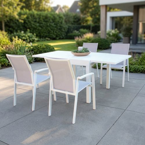 JERRI - set tavolo in alluminio cm 90/180 x 90 x 75 h con 4 poltrone Lotus