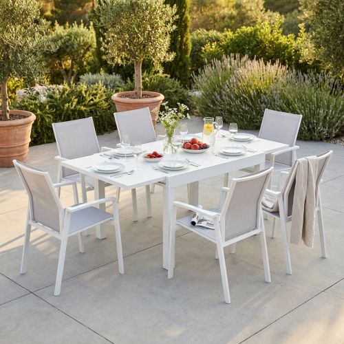 JERRI - set tavolo in alluminio cm 90/180 x 90 x 75 h con 6 poltrone Lotus