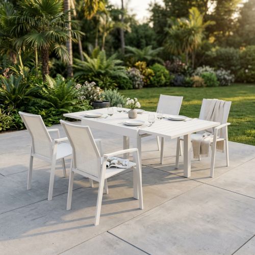 JERRI - set tavolo in alluminio cm 90/180 x 90 x 75 h con 4 poltrone Lotus