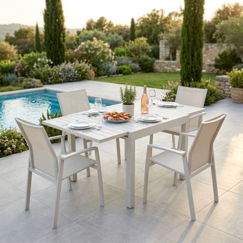 JERRI - set tavolo in alluminio cm 90/180 x 90 x 75 h con 4 poltrone Lotus