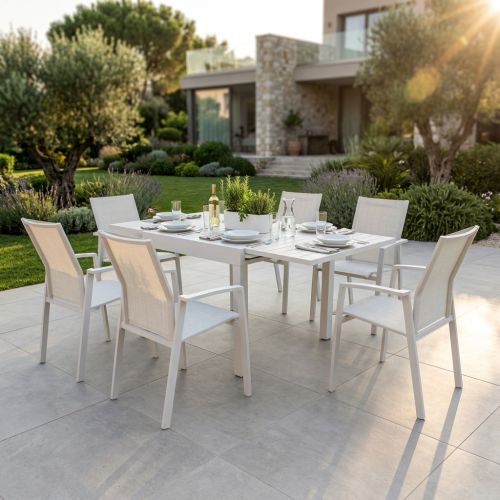 JERRI - set tavolo in alluminio cm 90/180 x 90 x 75 h con 6 poltrone Lotus