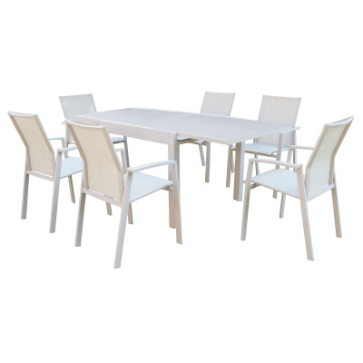 JERRI - set tavolo in alluminio cm 90/180 x 90 x 75 h con 6 poltrone Lotus