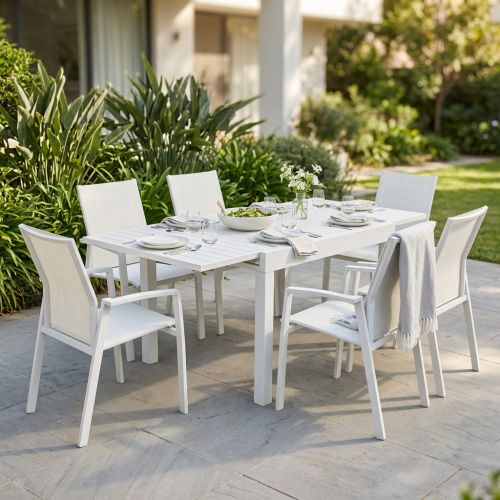 JERRI - set tavolo in alluminio cm 90/180 x 90 x 75 h con 6 poltrone Lotus