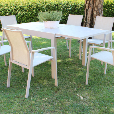 JERRI - set tavolo in alluminio cm 90/180 x 90 x 75 h con 6 poltrone Lotus