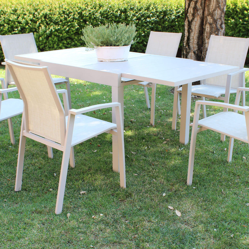 JERRI - set tavolo in alluminio cm 90/180 x 90 x 75 h con 6 poltrone Lotus