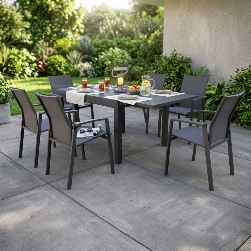 JERRI - set tavolo in alluminio cm 90/180 x 90 x 75 h con 6 poltrone Lotus