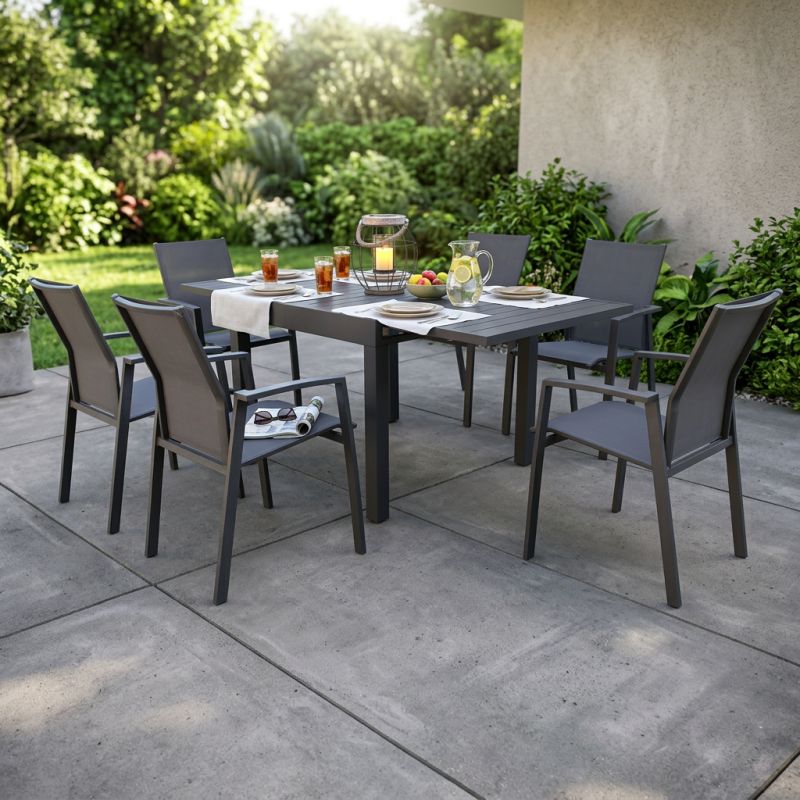 JERRI - set tavolo in alluminio cm 90/180 x 90 x 75 h con 6 poltrone Lotus