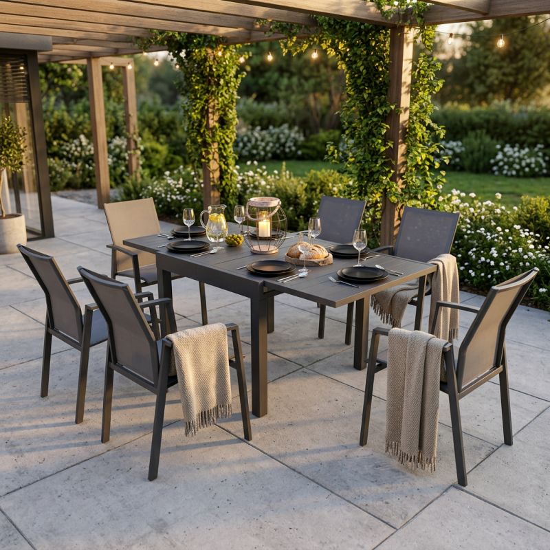 JERRI - set tavolo in alluminio cm 90/180 x 90 x 75 h con 6 poltrone Lotus