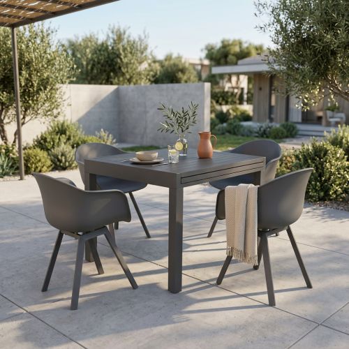 JERRI - set tavolo in alluminio cm 90/180 x 90 x 75 h con 4 poltrone Jessie