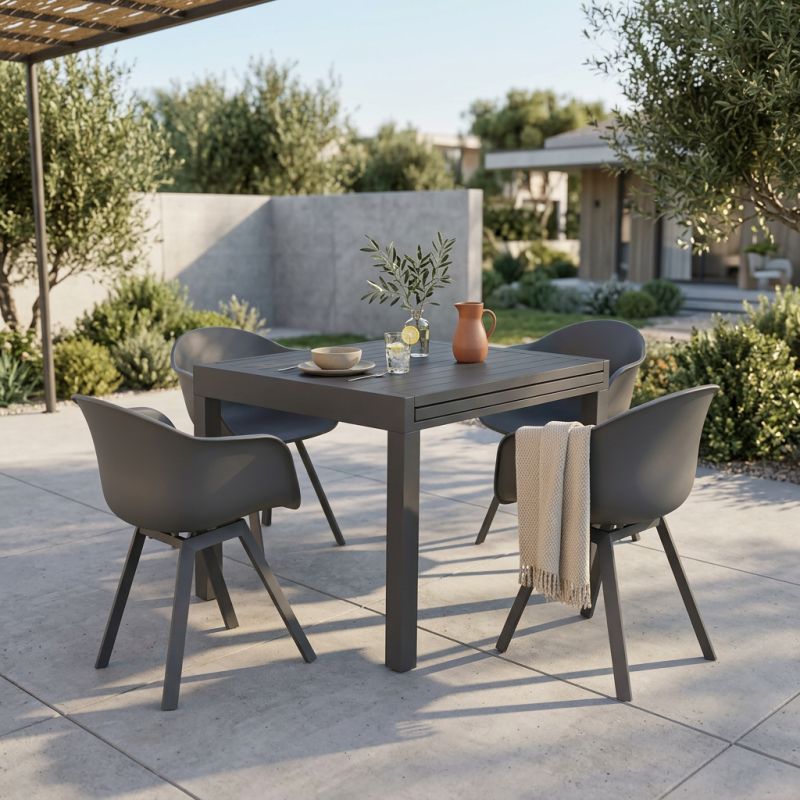 JERRI - set tavolo in alluminio cm 90/180 x 90 x 75 h con 4 poltrone Jessie