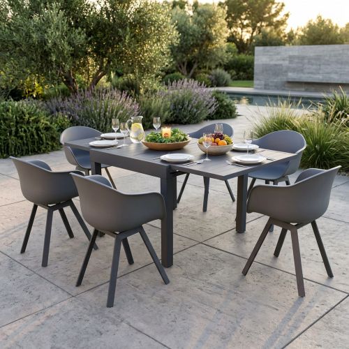 JERRI - set tavolo in alluminio cm 90/180 x 90 x 75 h con 6 poltrone Jessie