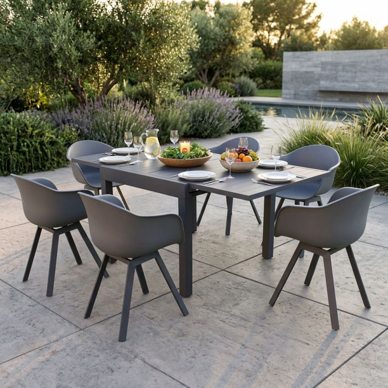 JERRI - set tavolo in alluminio cm 90/180 x 90 x 75 h con 6 poltrone Jessie