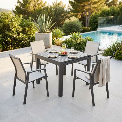 JERRI - set tavolo in alluminio cm 90/180 x 90 x 75 h con 4 poltrone Lotus