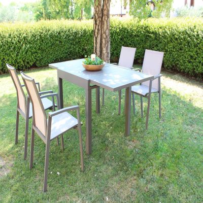 JERRI - set tavolo in alluminio cm 90/180 x 90 x 75 h con 4 poltrone Lotus