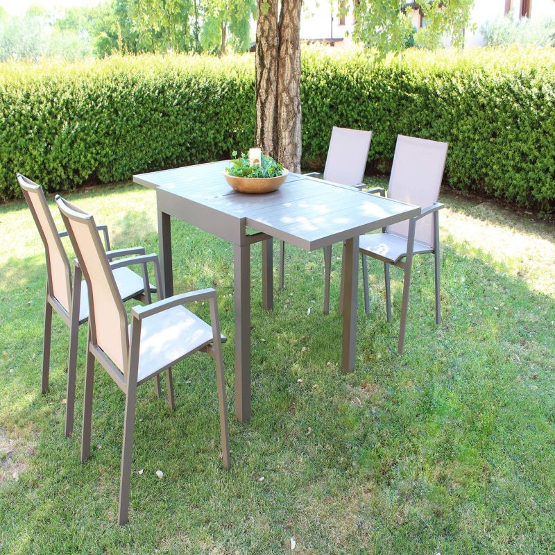 JERRI - set tavolo in alluminio cm 90/180 x 90 x 75 h con 4 poltrone Lotus