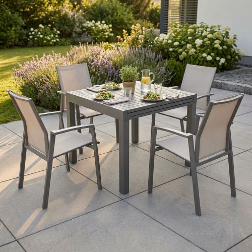 JERRI - set tavolo in alluminio cm 90/180 x 90 x 75 h con 4 poltrone Lotus