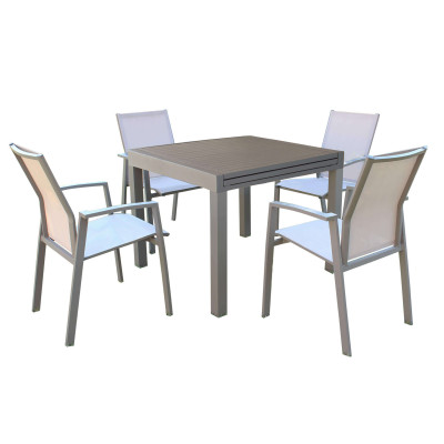 JERRI - set tavolo in alluminio cm 90/180 x 90 x 75 h con 4 poltrone Lotus