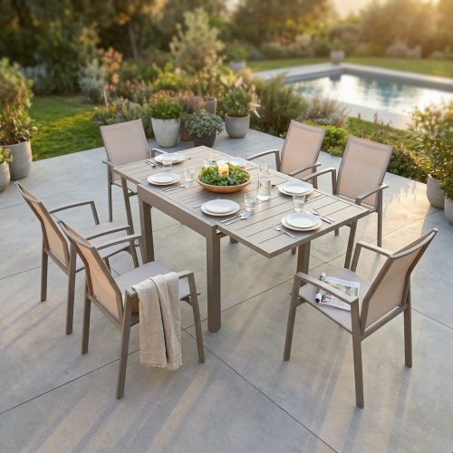 JERRI - set tavolo in alluminio cm 90/180 x 90 x 75 h con 6 poltrone Lotus