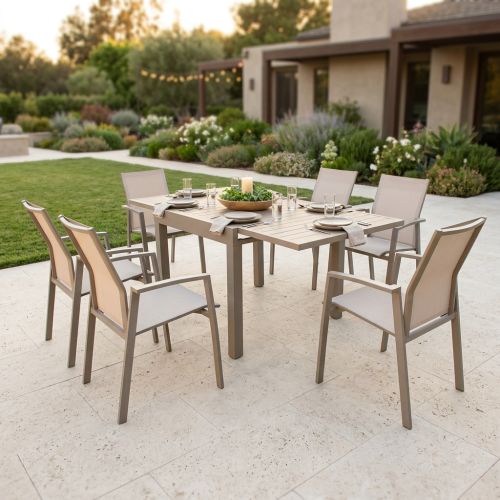 JERRI - set tavolo in alluminio cm 90/180 x 90 x 75 h con 6 poltrone Lotus