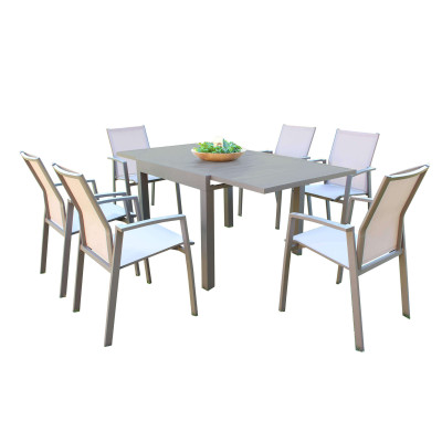 JERRI - set tavolo in alluminio cm 90/180 x 90 x 75 h con 6 poltrone Lotus
