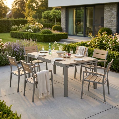 VIDUUS - set tavolo in alluminio e polywood cm 200/300 x 95 x 75 h con 6 poltrone Viduus