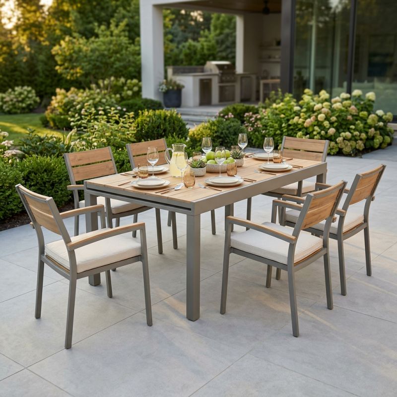 VIDUUS - set tavolo in alluminio e polywood cm 200/300 x 95 x 75 h con 6 poltrone Viduus