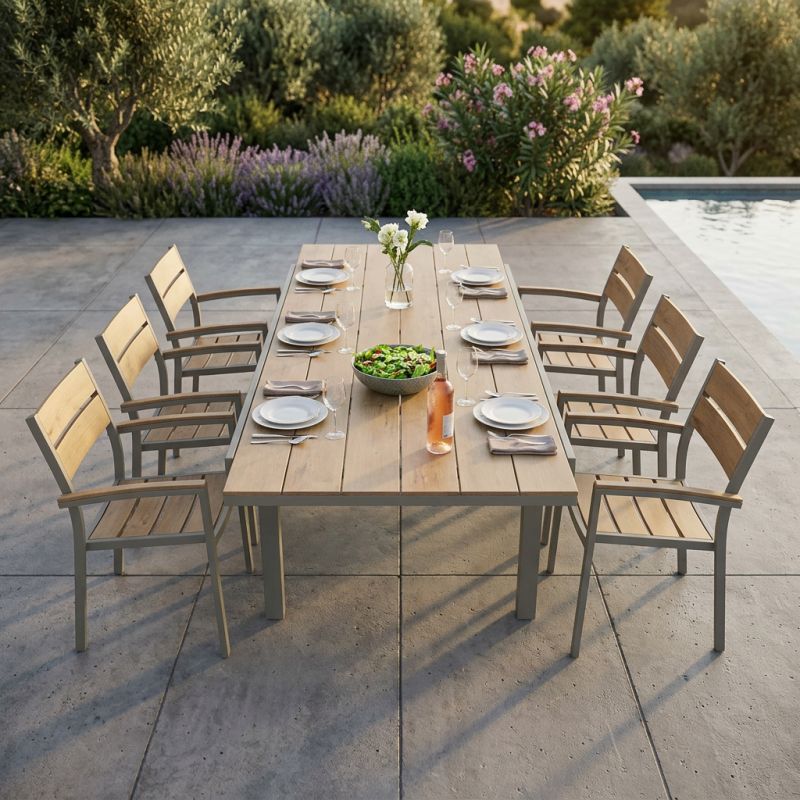 VIDUUS - set tavolo in alluminio e polywood cm 200/300 x 95 x 75 h con 8 poltrone Viduus