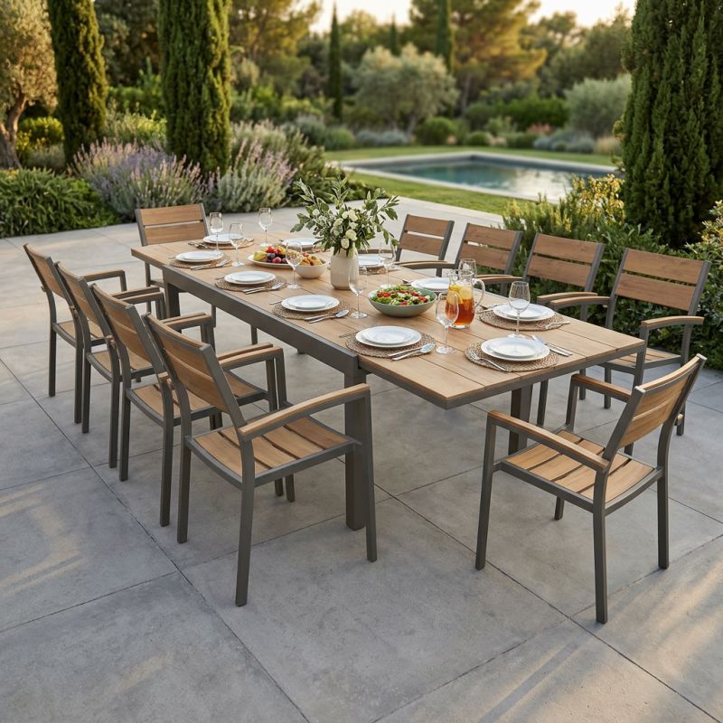 VIDUUS - set tavolo in alluminio e polywood cm 200/300 x 95 x 75 h con 10 poltrone Viduus