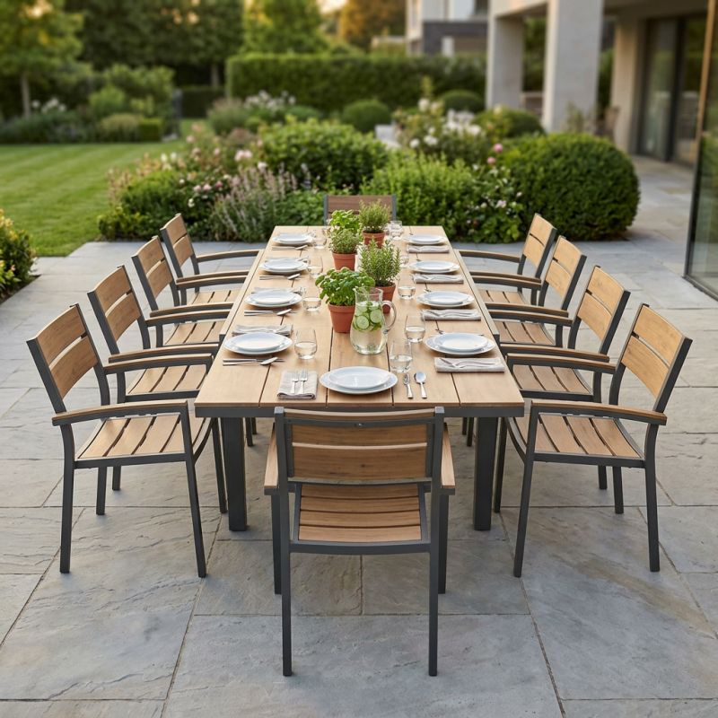 VIDUUS - set tavolo in alluminio e polywood cm 200/300 x 95 x 75 h con 10 poltrone Viduus