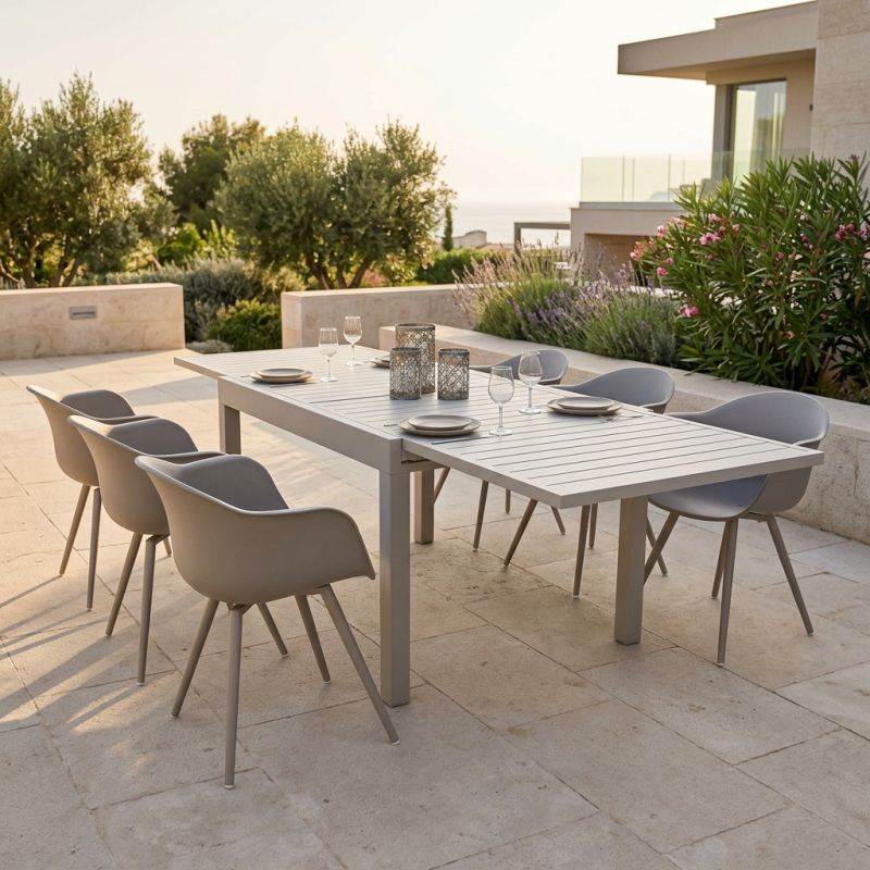 JERRI - set tavolo in alluminio cm 135/270 x 90 x 75 h con 6 Poltrone Dynamo