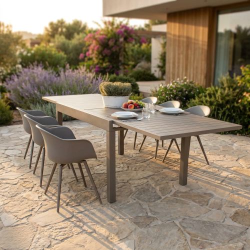 JERRI - set tavolo in alluminio cm 135/270 x 90 x 75 h con 6 Poltrone Dynamo