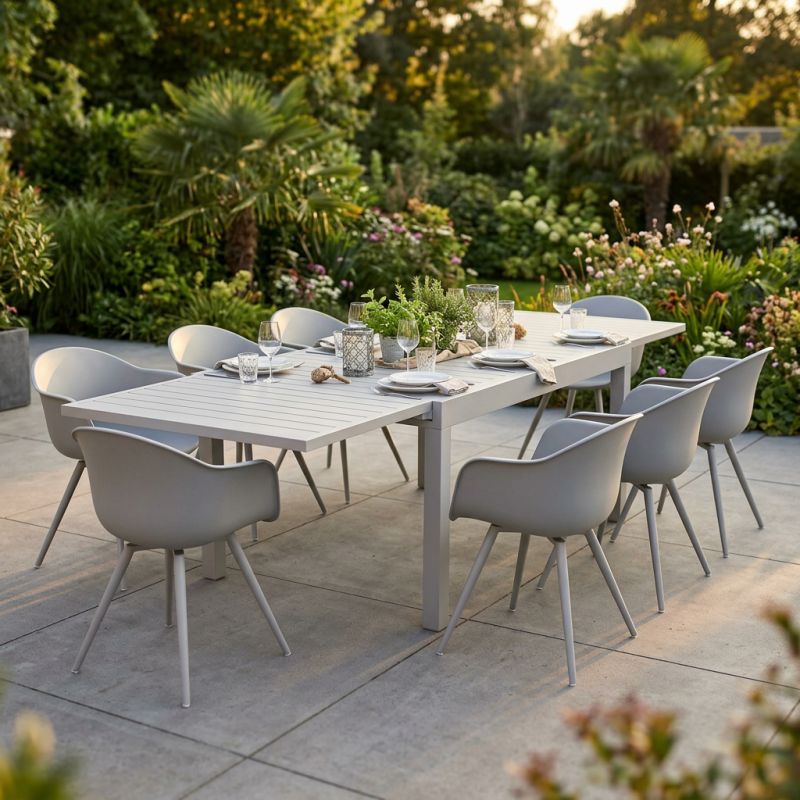 JERRI - set tavolo in alluminio cm 135/270 x 90 x 75 h con 8 Poltrone Dynamo