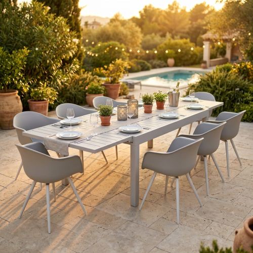 JERRI - set tavolo in alluminio cm 135/270 x 90 x 75 h con 8 Poltrone Dynamo