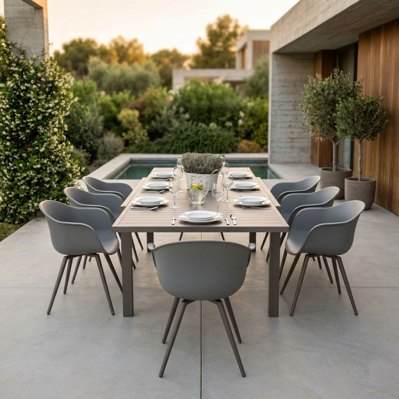 JERRI - set tavolo in alluminio cm 135/270 x 90 x 75 h con 8 Poltrone Dynamo