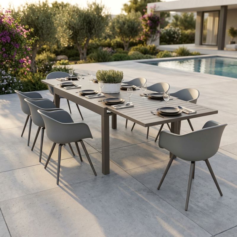 JERRI - set tavolo in alluminio cm 135/270 x 90 x 75 h con 8 Poltrone Dynamo